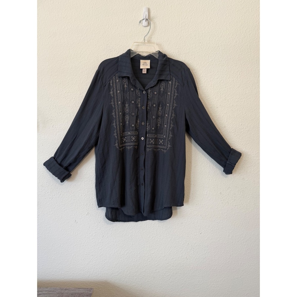 Knox Rose Embroidered Button Down Top Small Gray Boho Long Sleeve Blouse - Picture 1 of 7